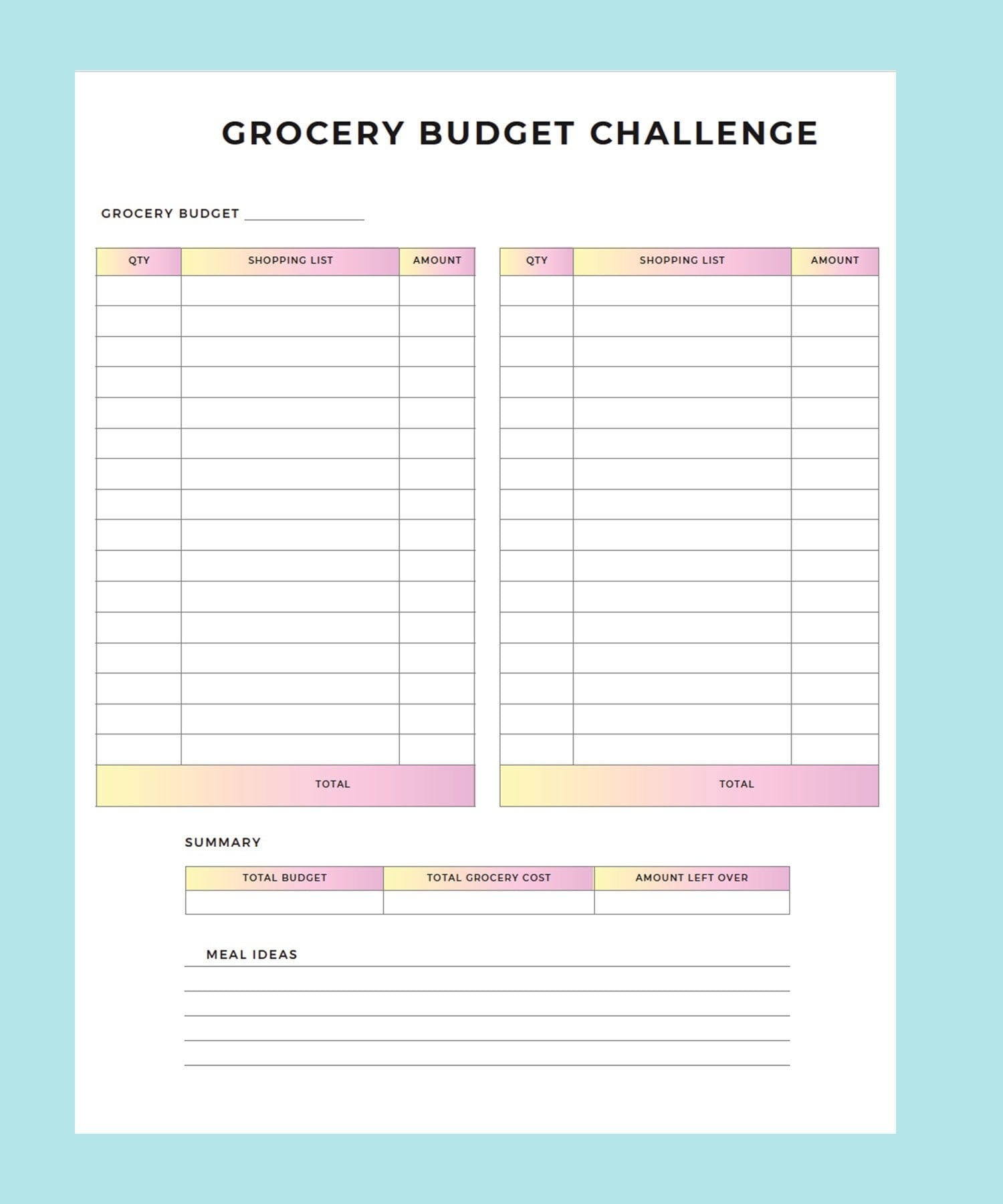 Printable Shopping List Worksheet