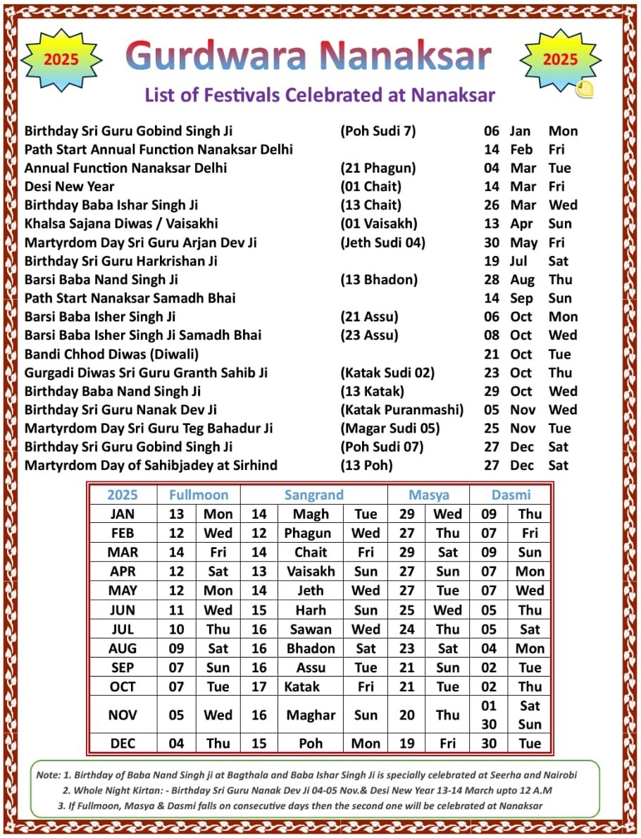 GURDWARA NANAKSAR MONTHLY EVENTS AND ACTIVITIES
