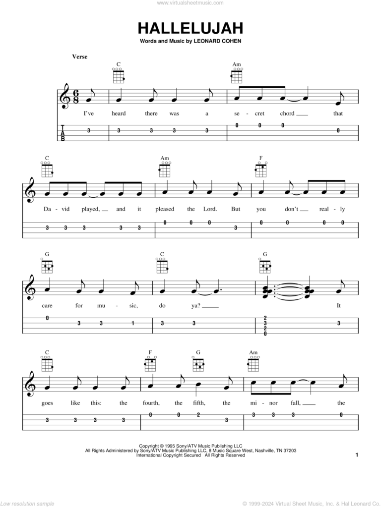 Hallelujah Sheet Music For Ukulele easy Tablature ukulele Easy Tab V4