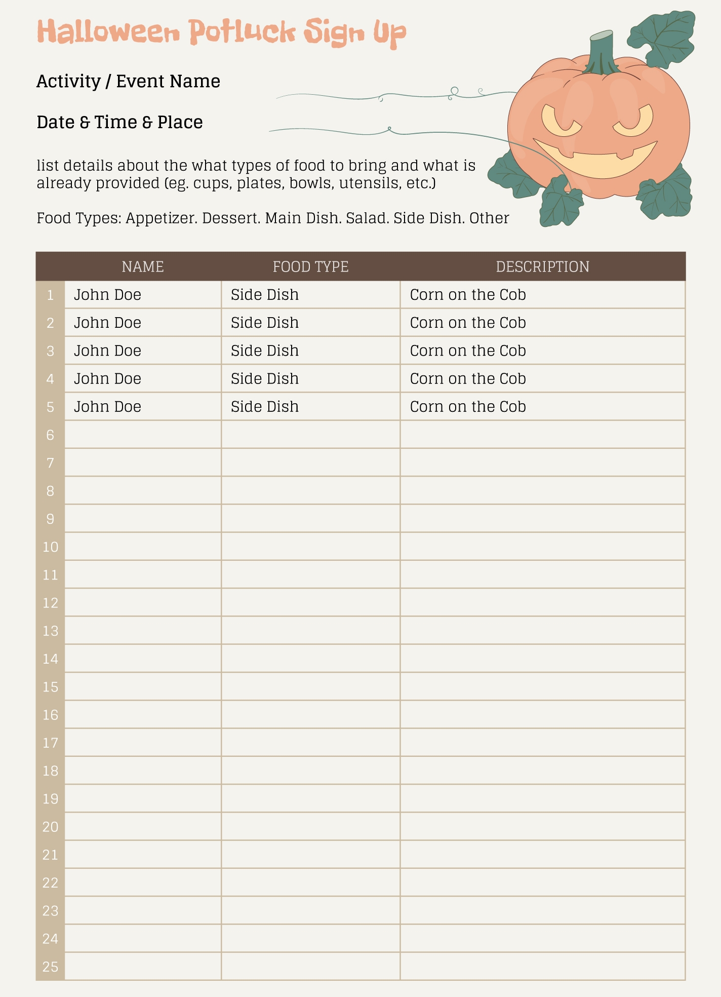 Printable Halloween Potluck Sign Up Sheet Printable Halloween Potluck Sign Up Sheet