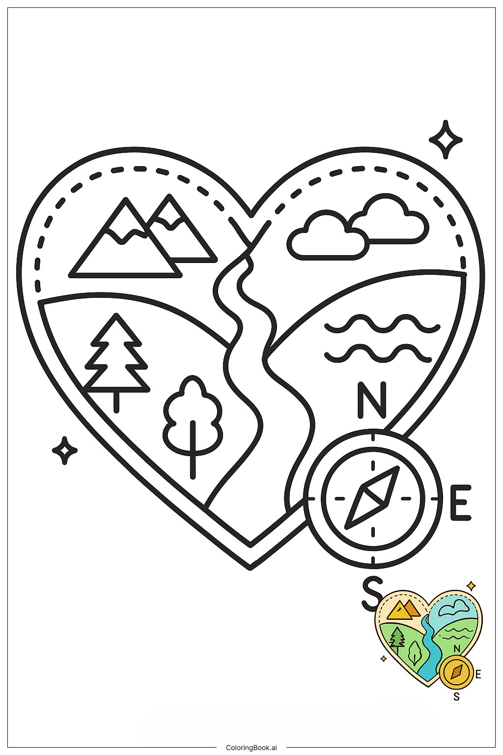 Heart Map With Compass Coloring Page Free PDF PNG Printable 
