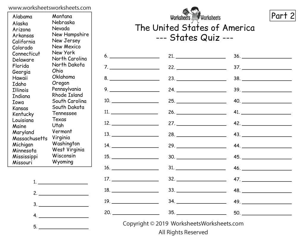50 States Worksheets Printable