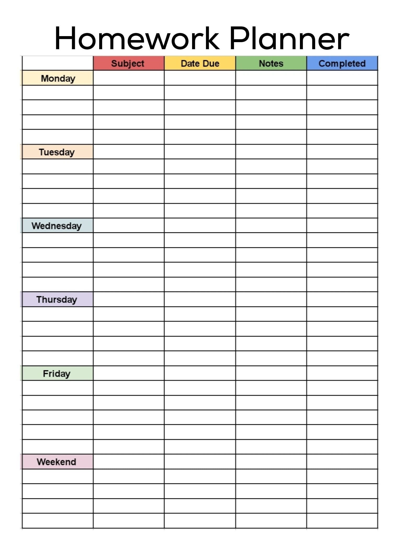 Homework Planner Homework Tracker Homework Schedule Instant Printable Digital Download
