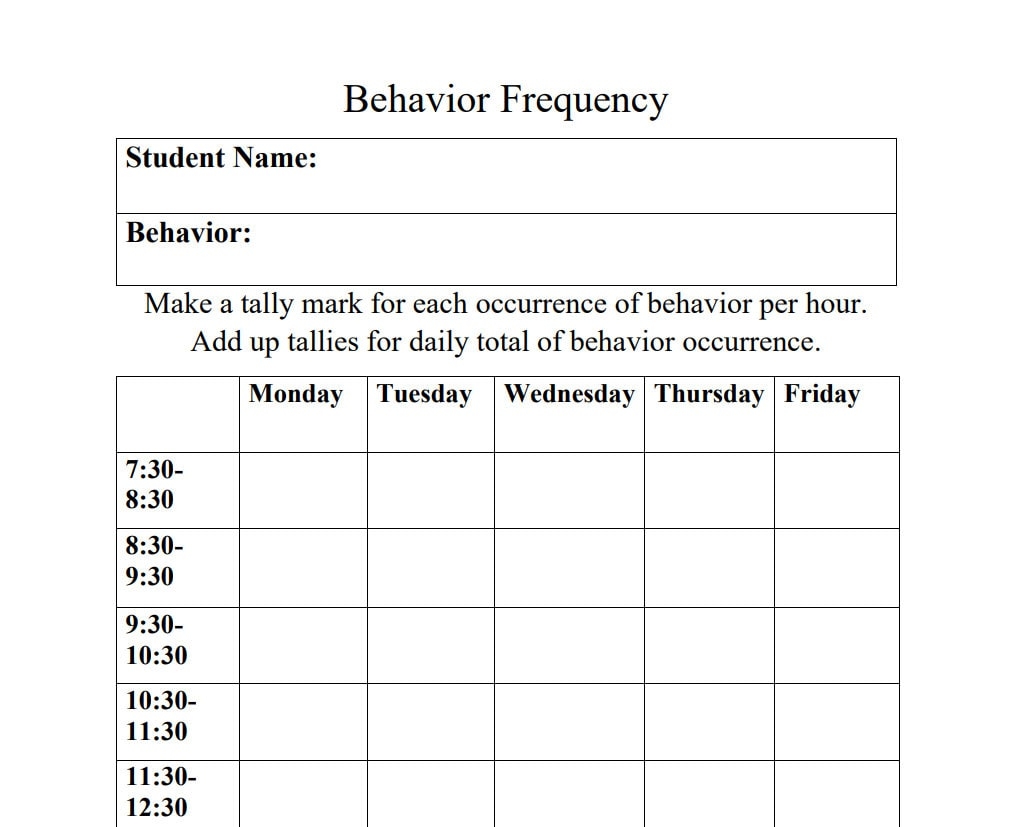 Hourly Behavior Frequency Sheet Behavior Frequency Sped IEP Behavior Tracking Frequency Tracking Etsy
