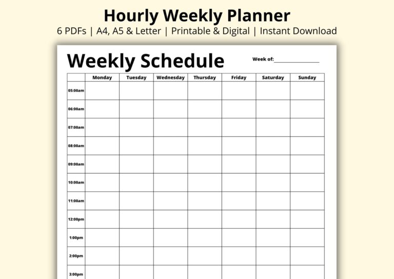 Hourly Weekly Planner 7 Day Timetable Week At A Glance Study Time Block Template Productivity Planner Printable digital A4 a5 letter Etsy