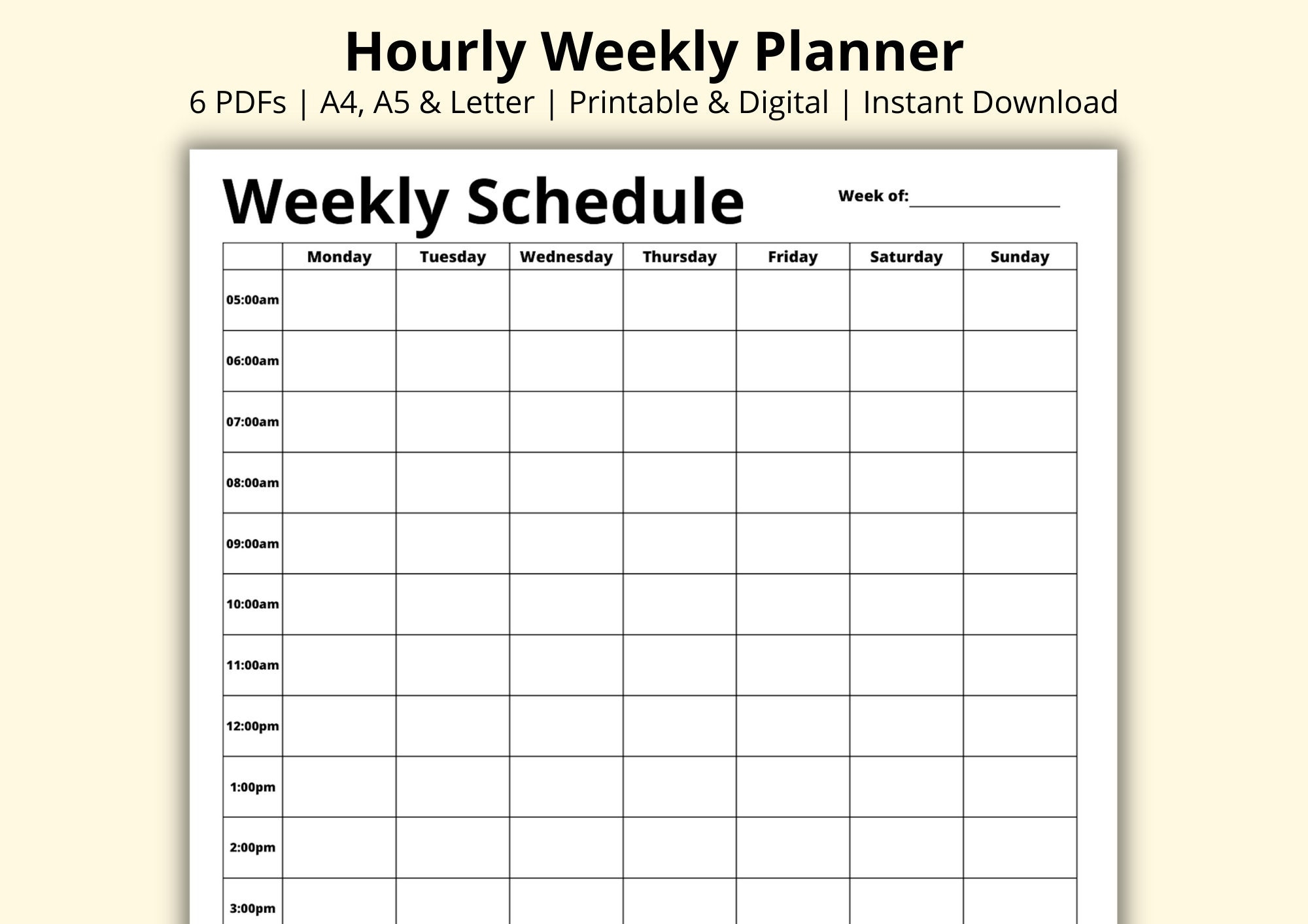 Hourly Weekly Planner 7 Day Timetable Week At A Glance Study Time Block Template Productivity Planner Printable digital A4 a5 letter Etsy