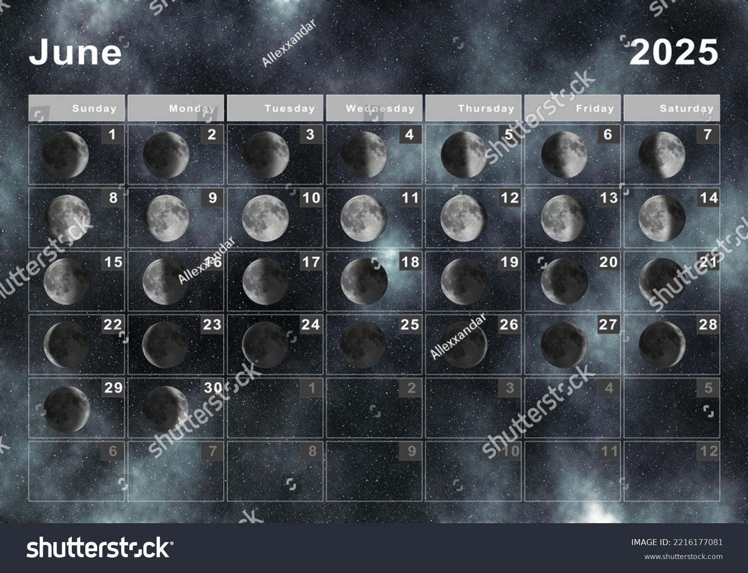 Ilustrasi Stok June 2025 Lunar Calendar Moon Cycles 2216177081 Shutterstock