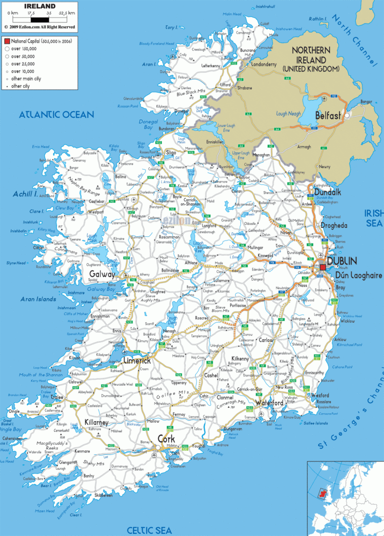 Ireland Road Map Highways Motorways And Scenic Routes Explained Ezilon Maps