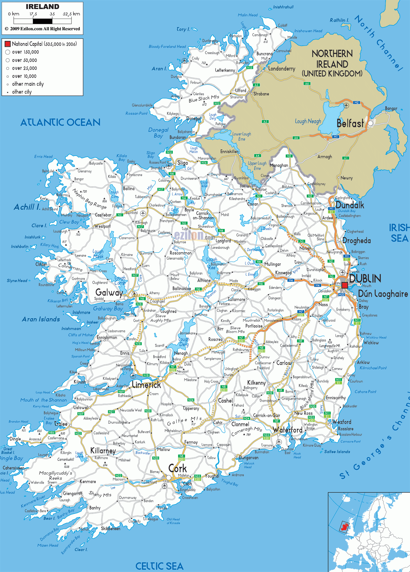 Ireland Road Map Highways Motorways And Scenic Routes Explained Ezilon Maps