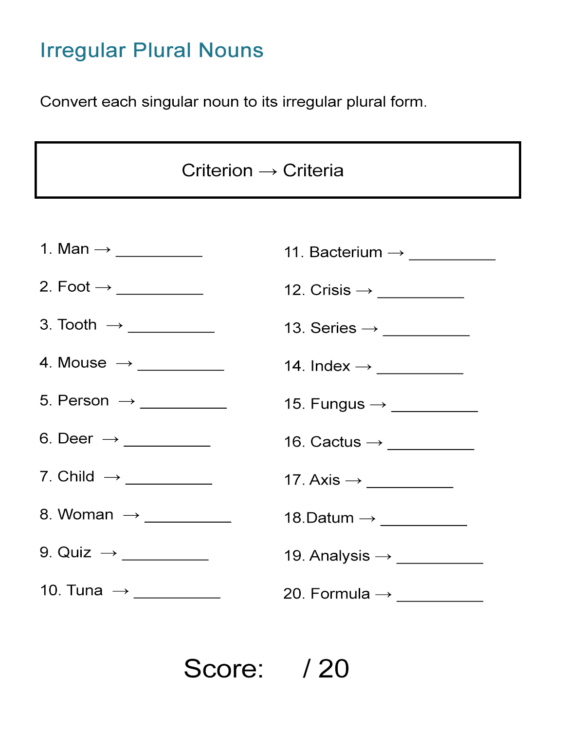 Irregular Plural Nouns Worksheet ALL ESL