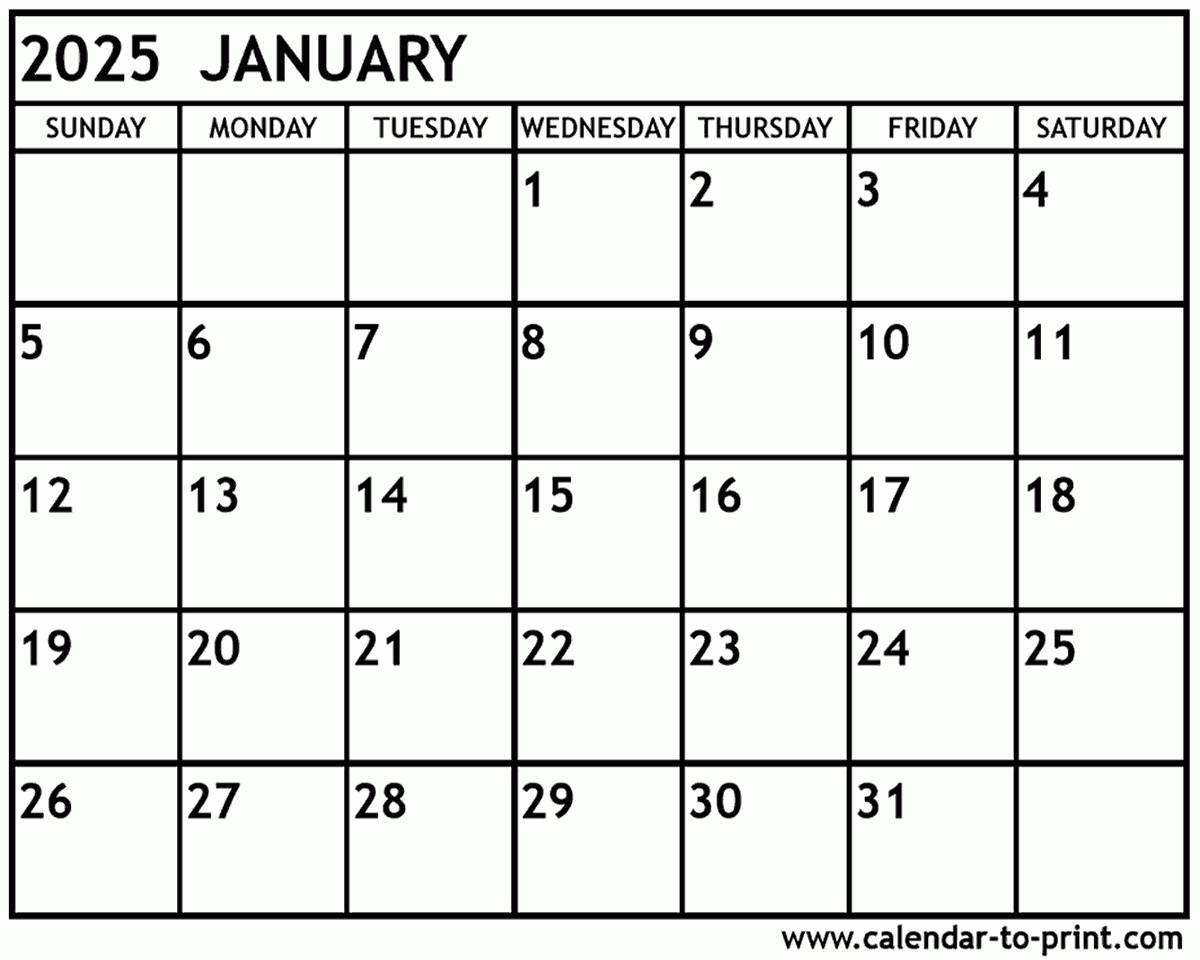 January 2025 Calendar Printable January 2025 Calendar Printable