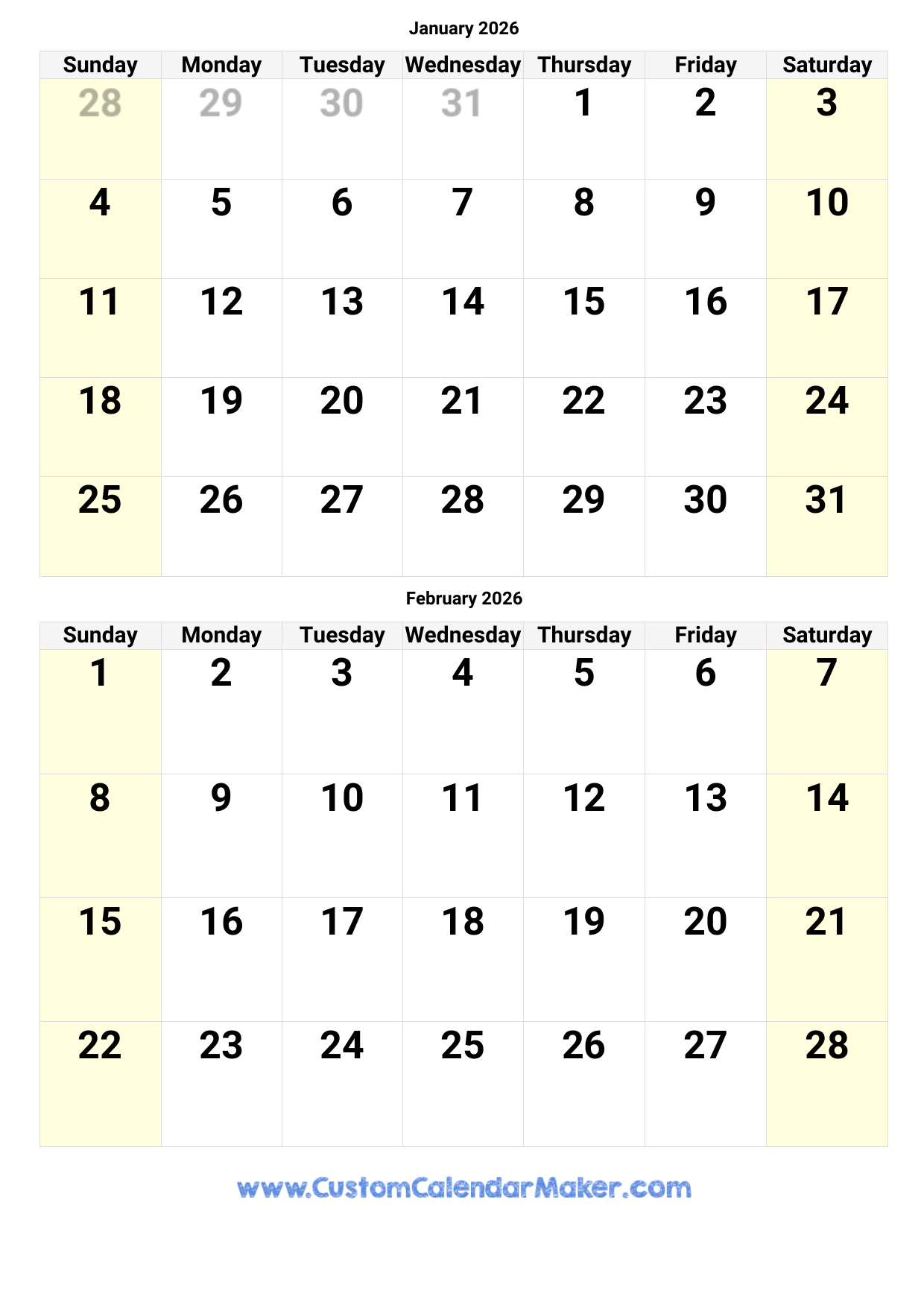 January And February 2026 Calendar Custom Calendar Maker