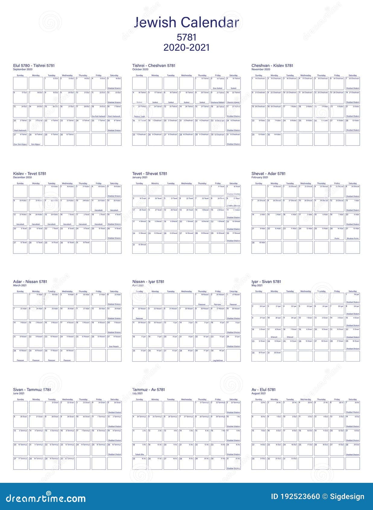 Jewish Calendar 2020 2010 Jewish Year 5781 With Jewish Months And Holidays Stock Vector Illustration Of 20202010 Jewish 192523660