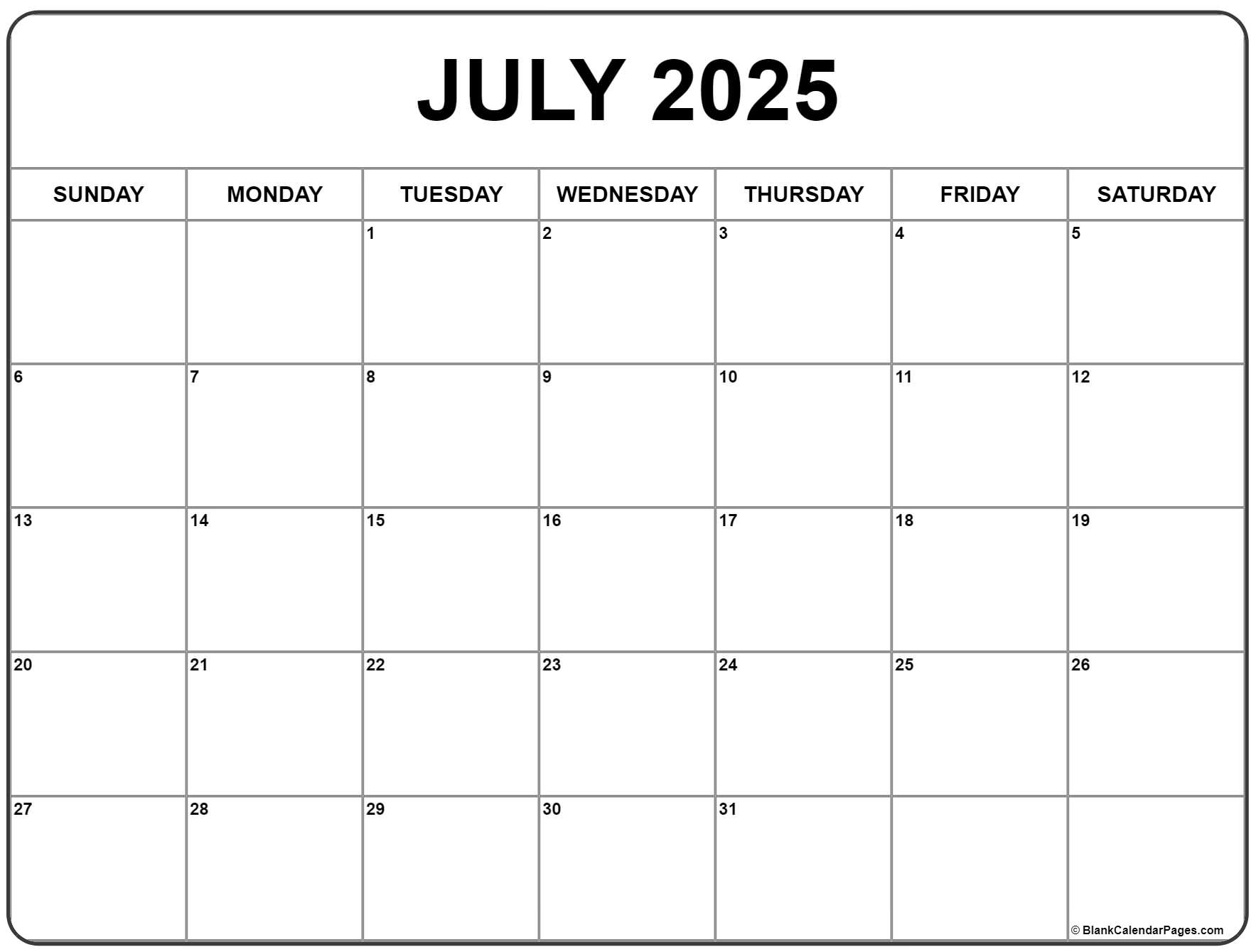July 2025 Calendar Free Printable Calendars