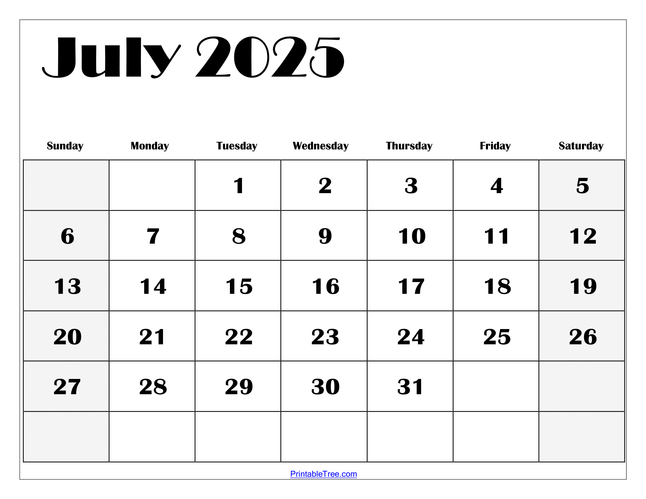 July 2025 Calendar Printable PDF Template With Holidays July 2025 Calendar Printable PDF Template With Holidays