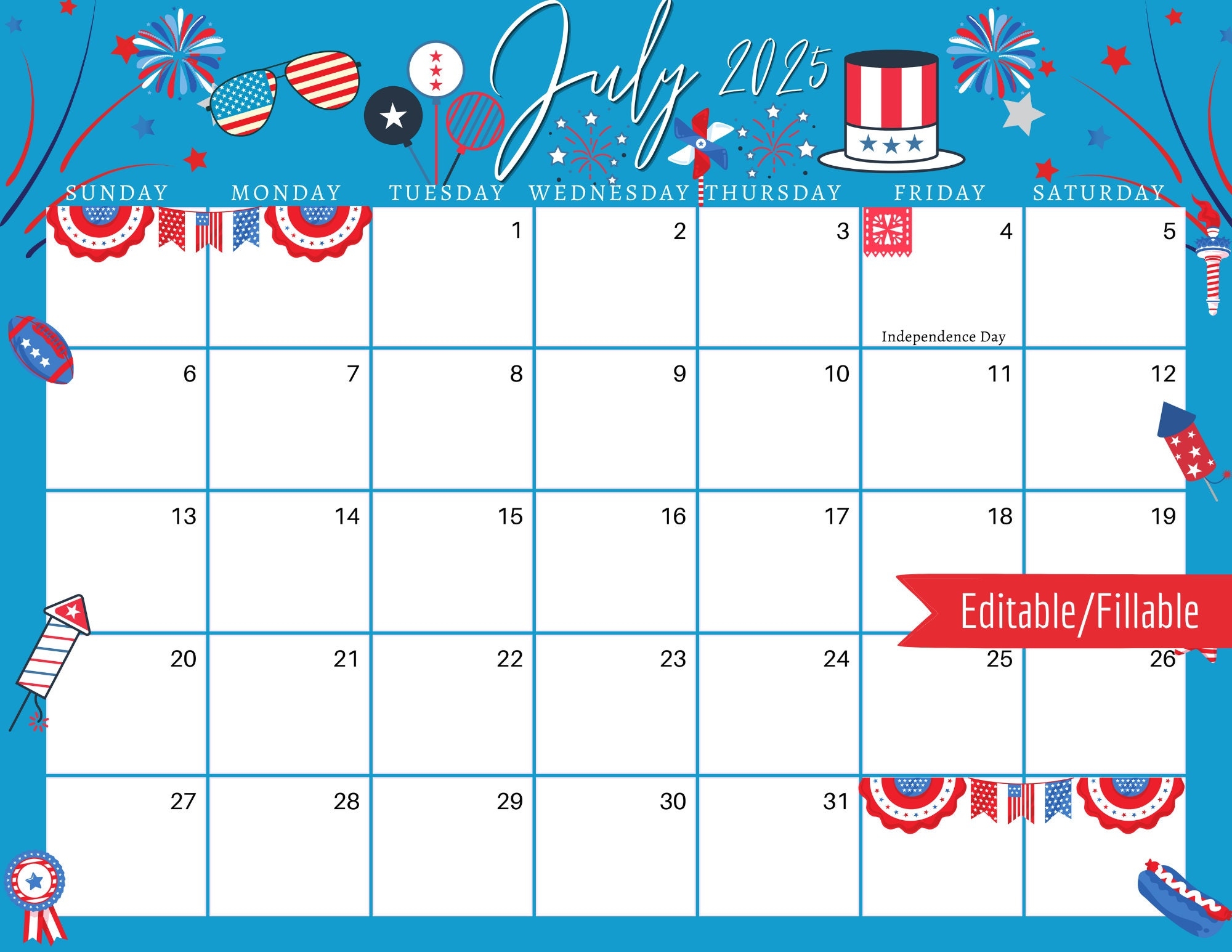 July 2025 Digital Calendar Blue 4th Of July Planner Editable