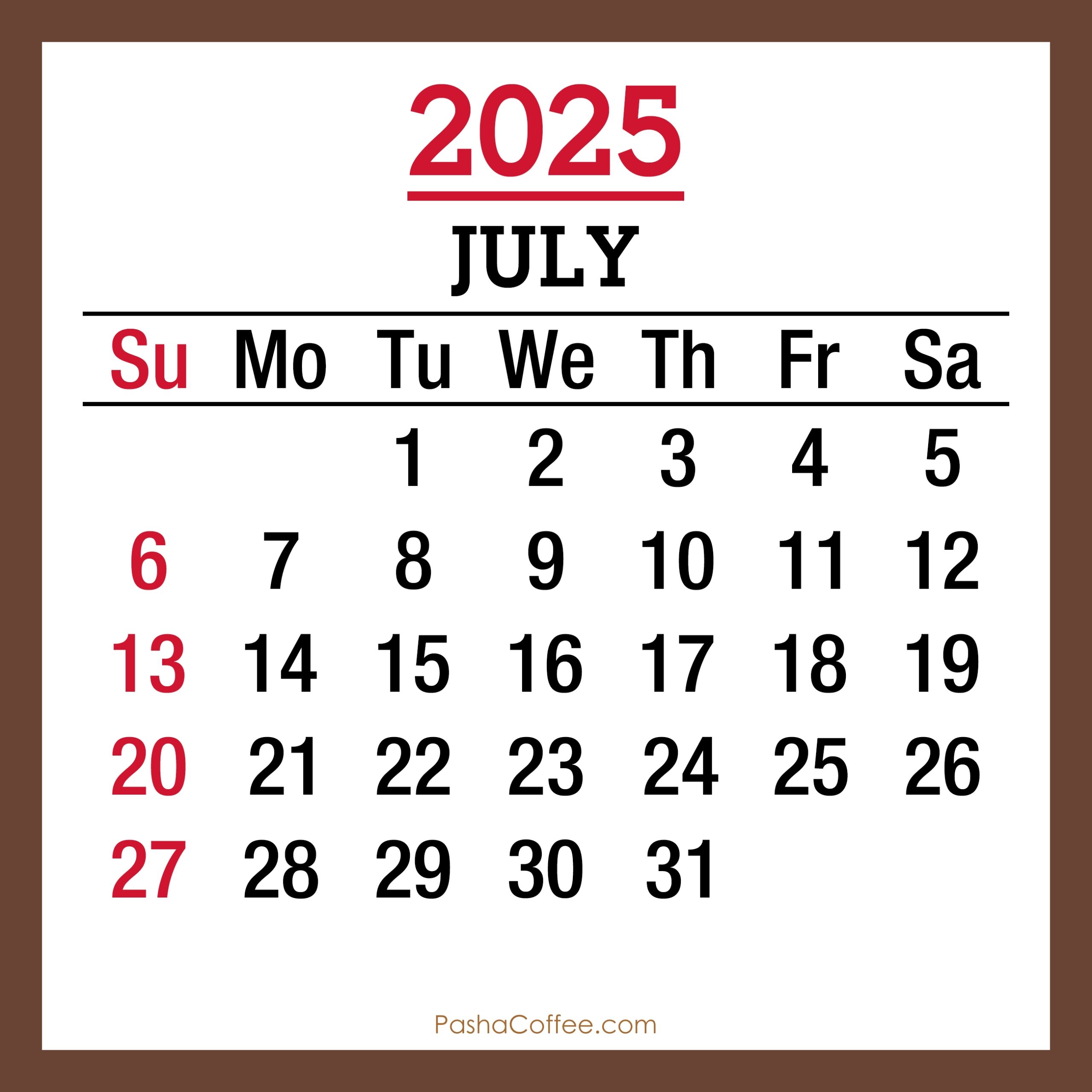 July 2025 Monthly Calendar Printable Free Brown Sunday Start PashaCoffee