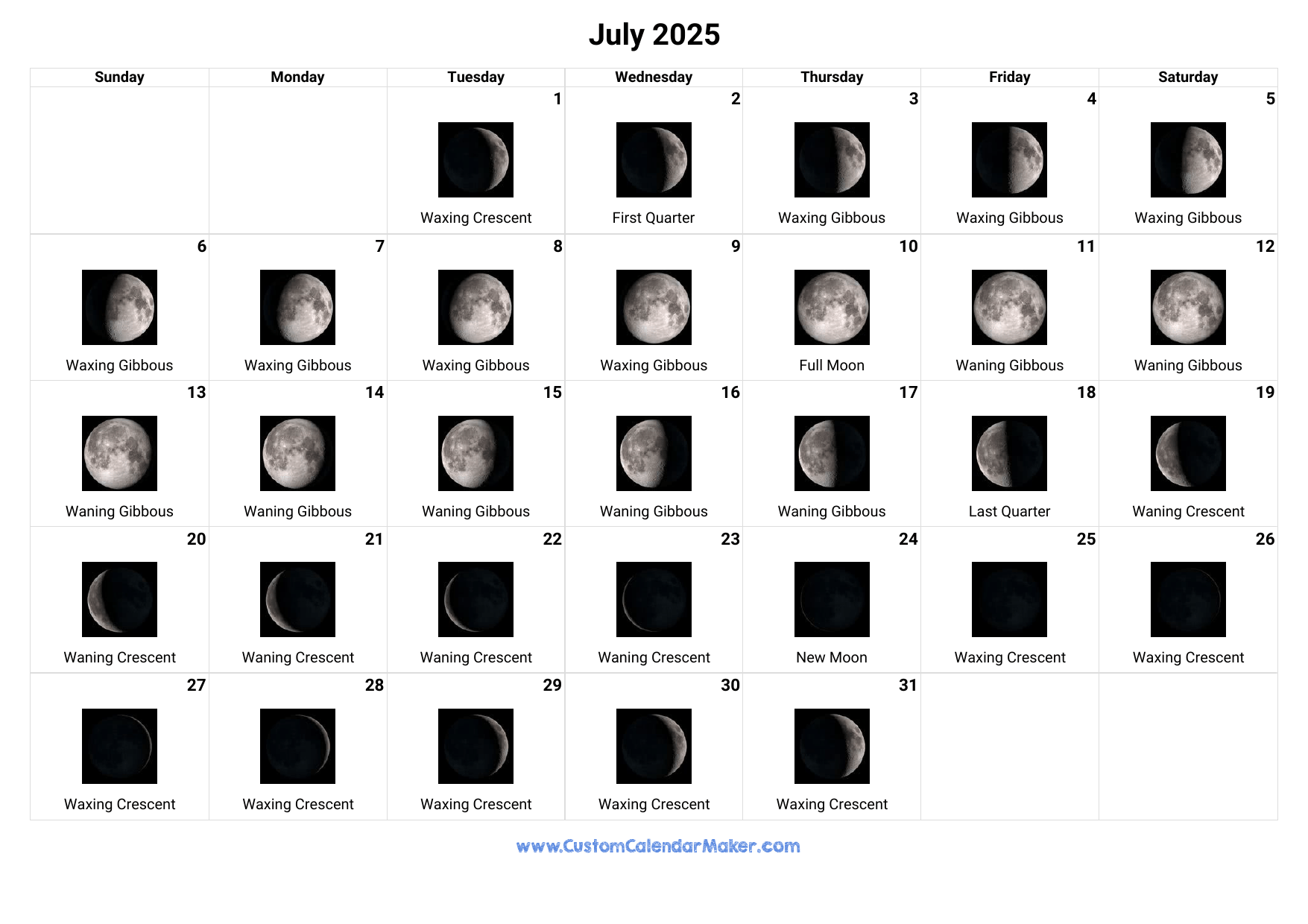 July 2025 Moon Phases Calendar Custom Calendar Maker July 2025 Moon Phases Calendar Custom Calendar Maker