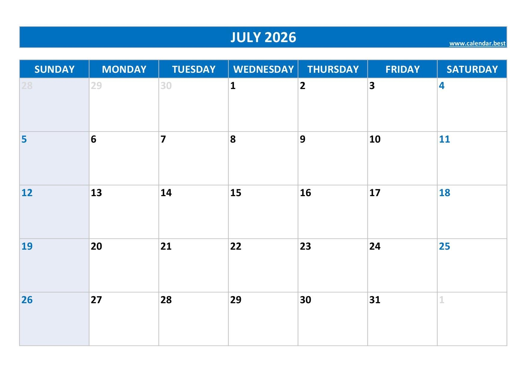July 2026 Calendar Calendar best