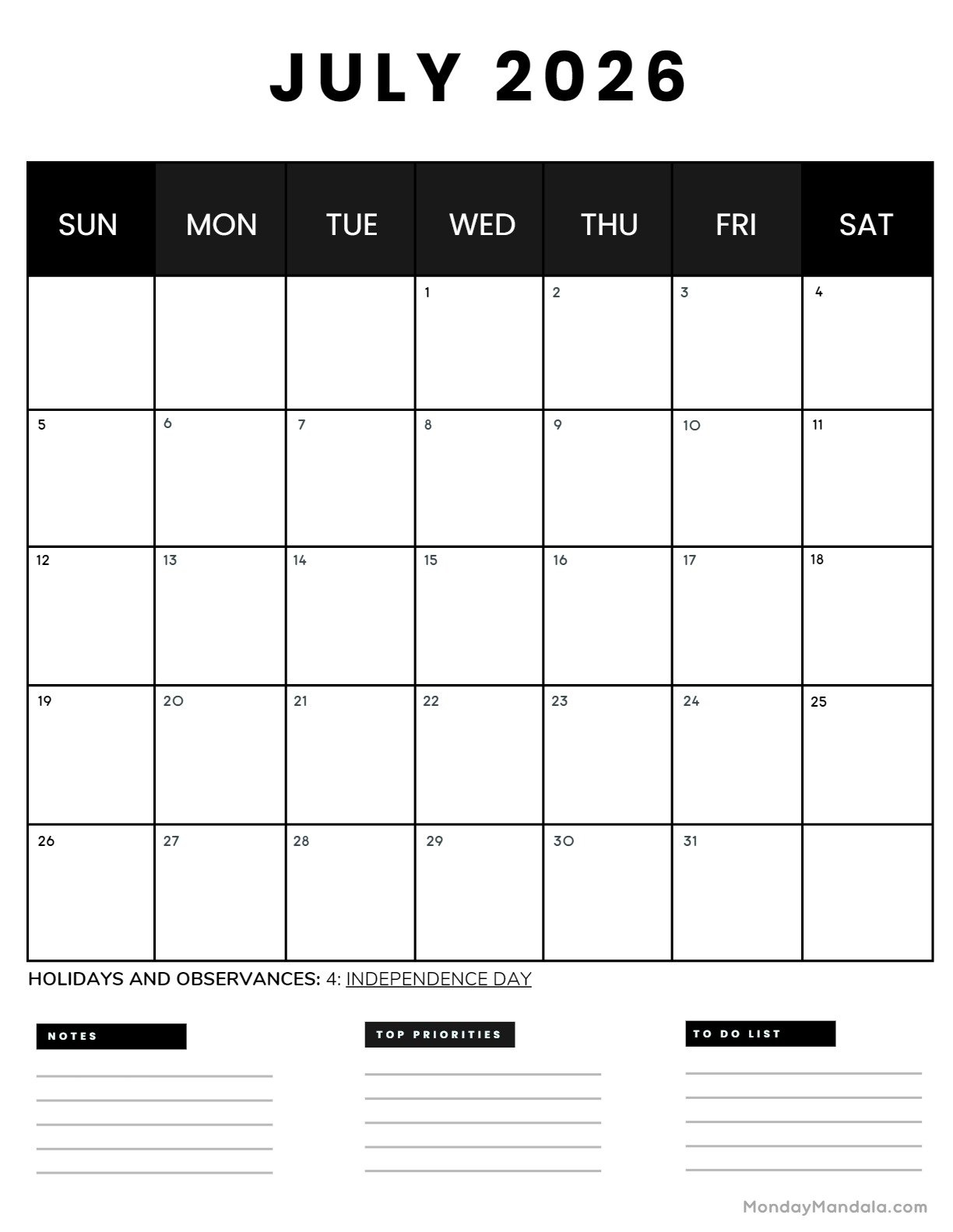July Calendar 2026 Free Printable