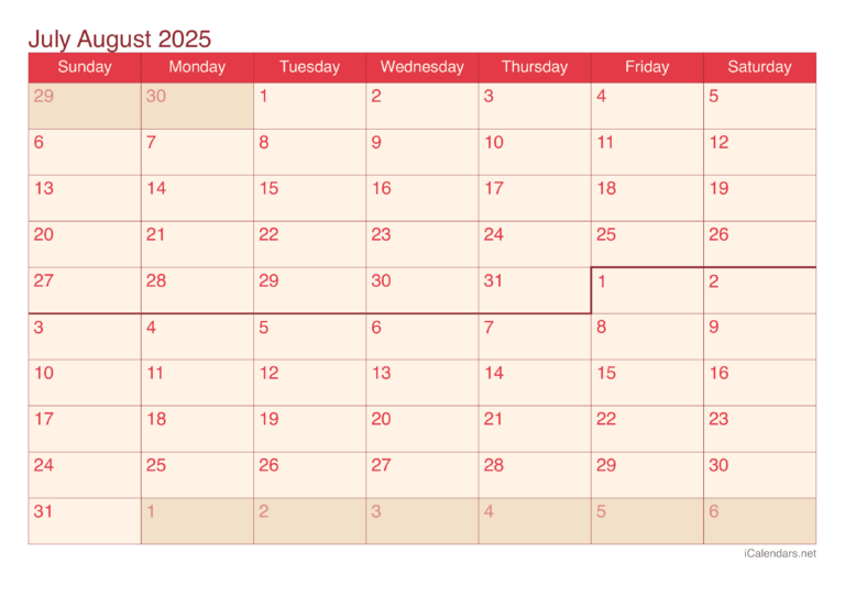 July And August 2025 Printable Calendar