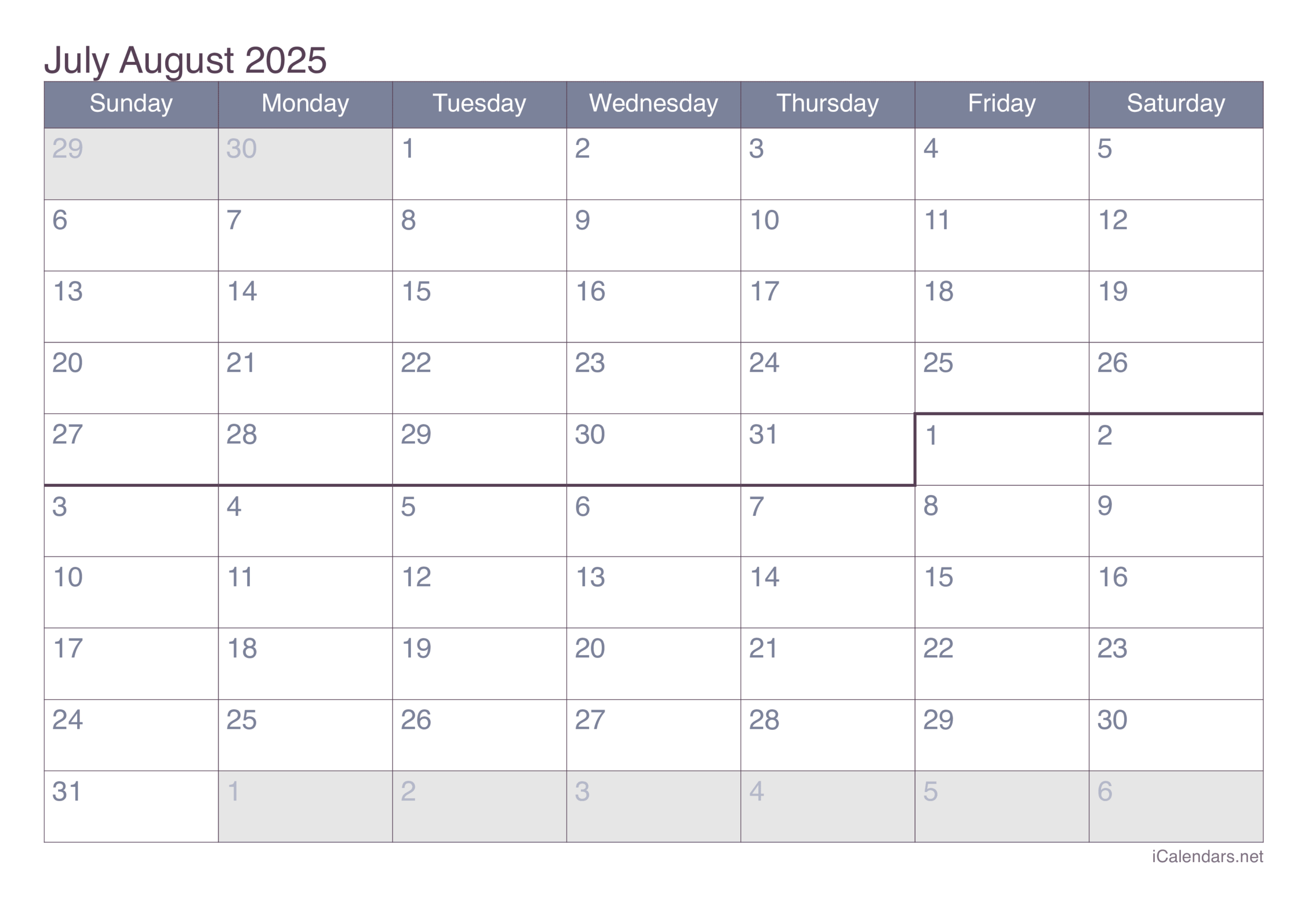 July And August 2025 Printable Calendar
