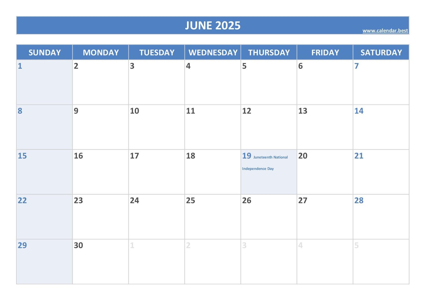 June Month Calendar 2025 With Holidays