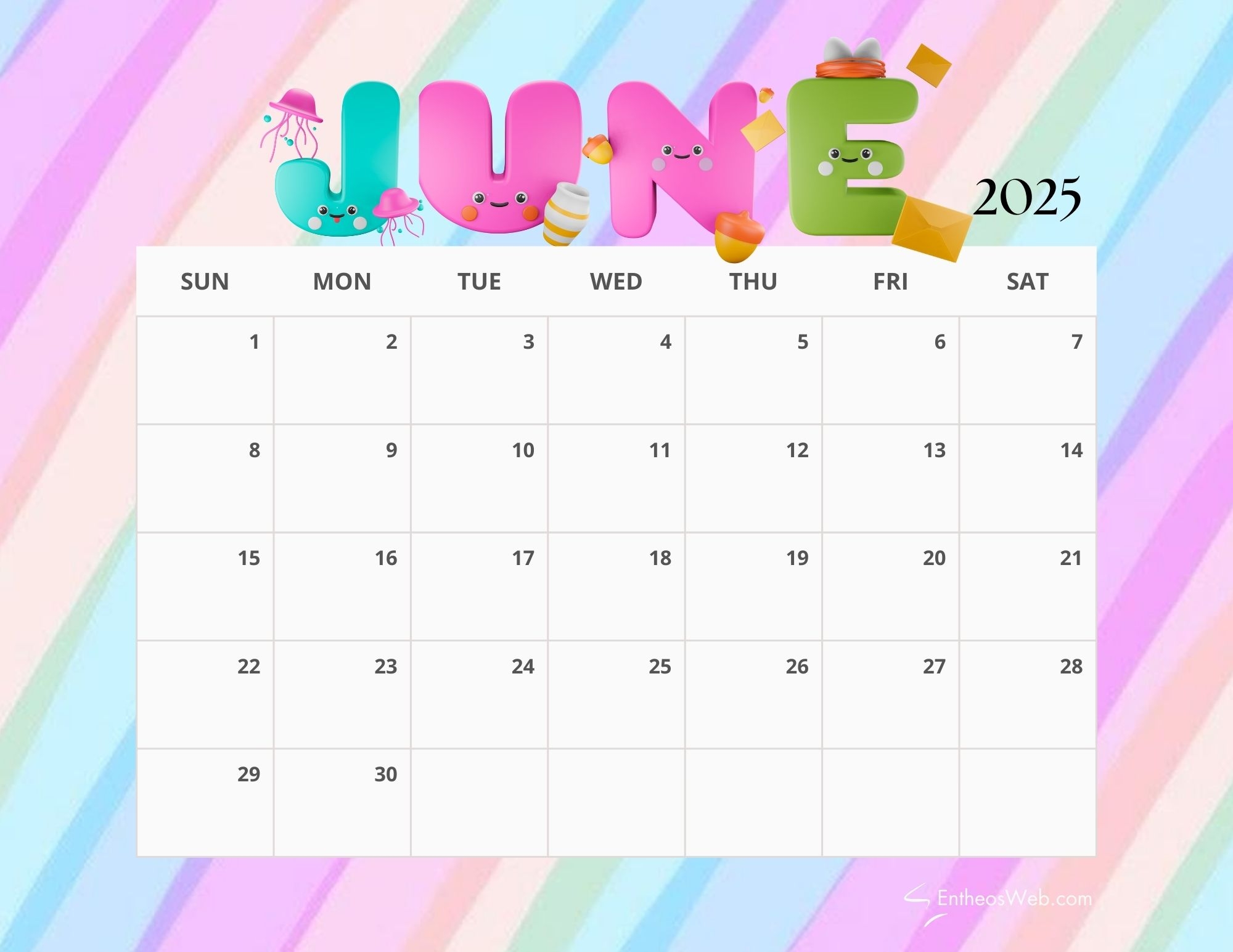 Printable June 2025 Calendar Kid Friendly Printable Printable June 2025 Calendar Kid Friendly Printable