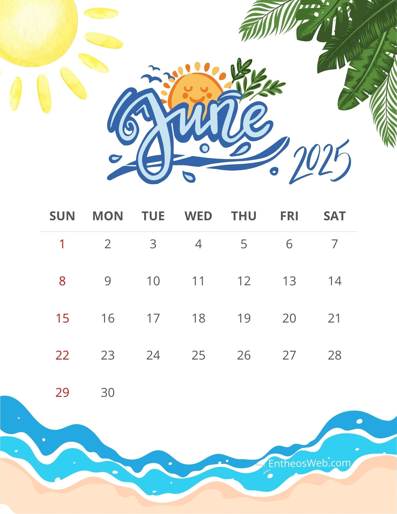 June Month Calendar 2025 Printable