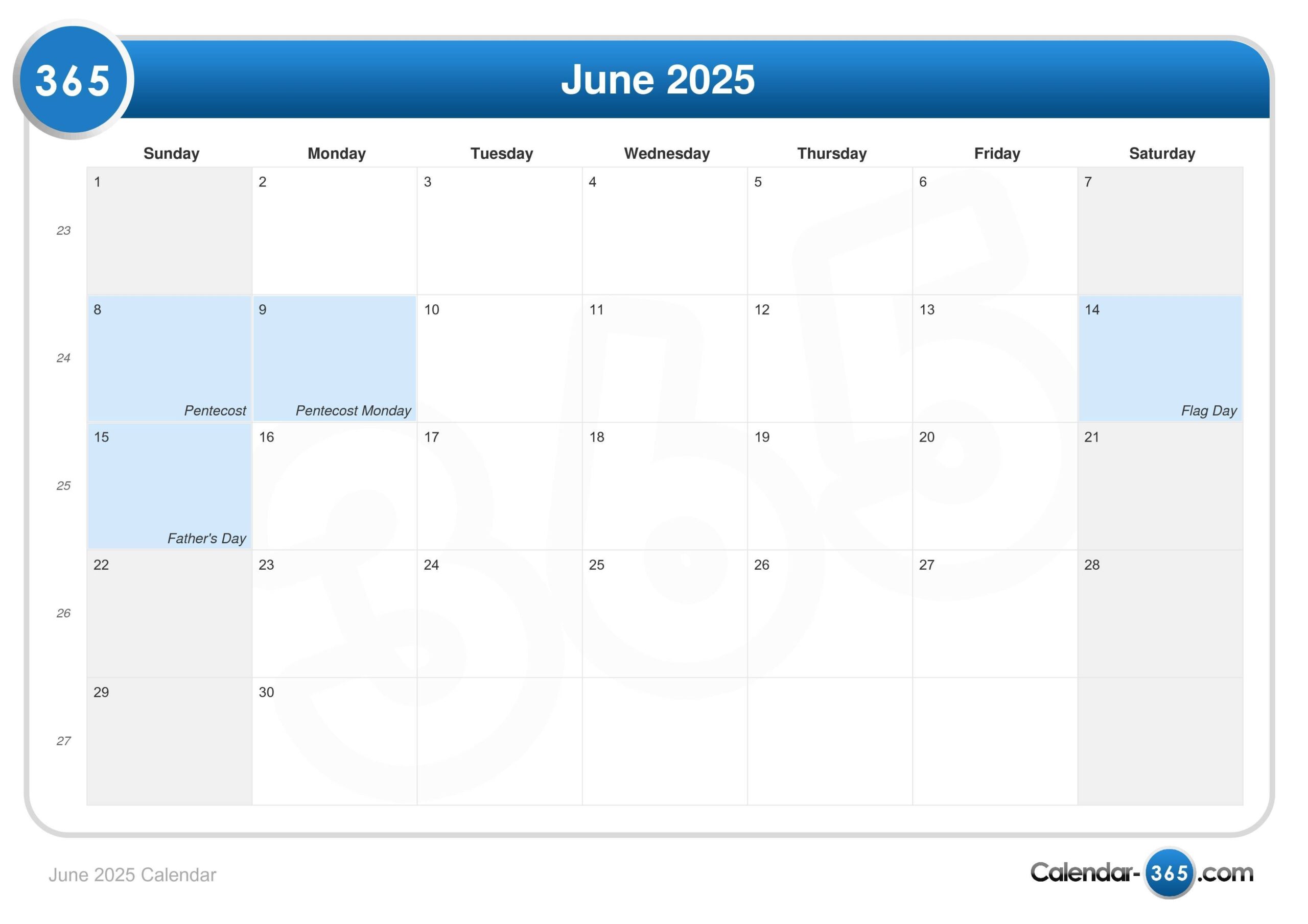 June Calendar Days 2025