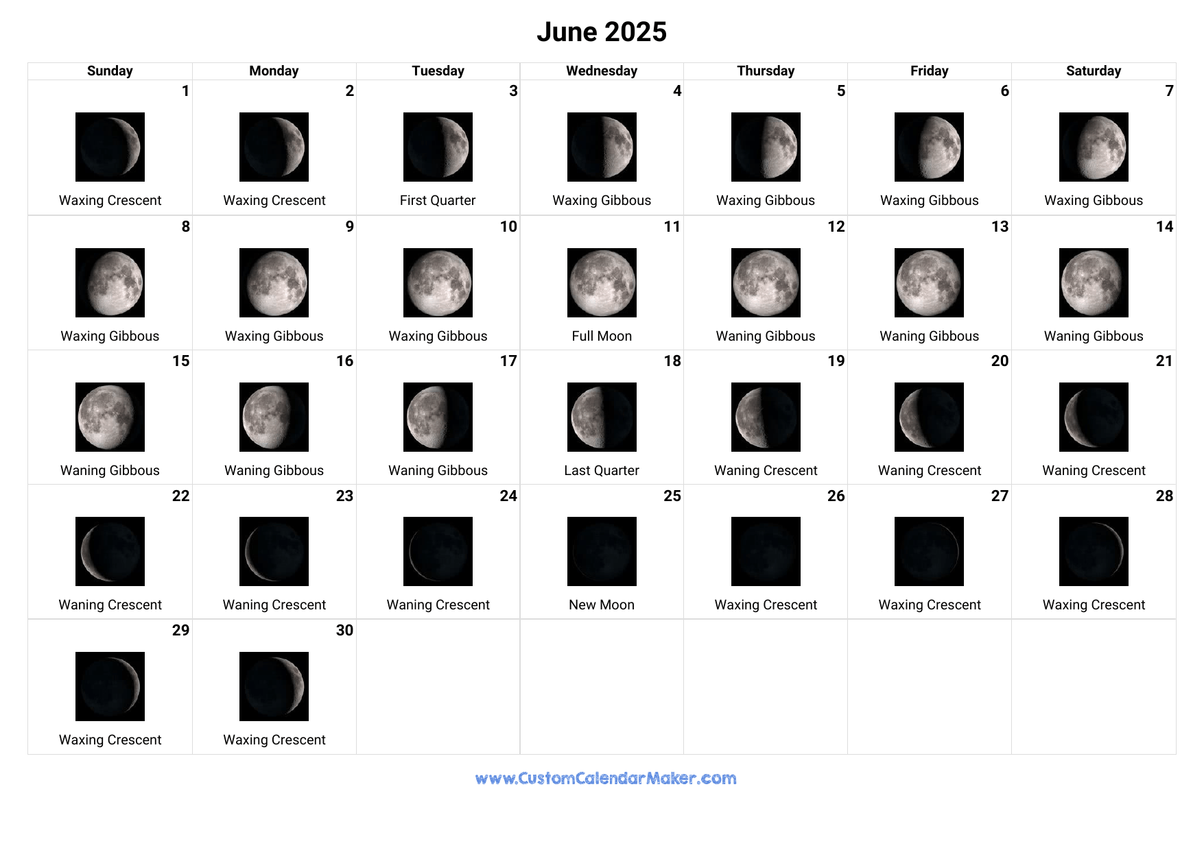 June 2025 Moon Phases Calendar Custom Calendar Maker