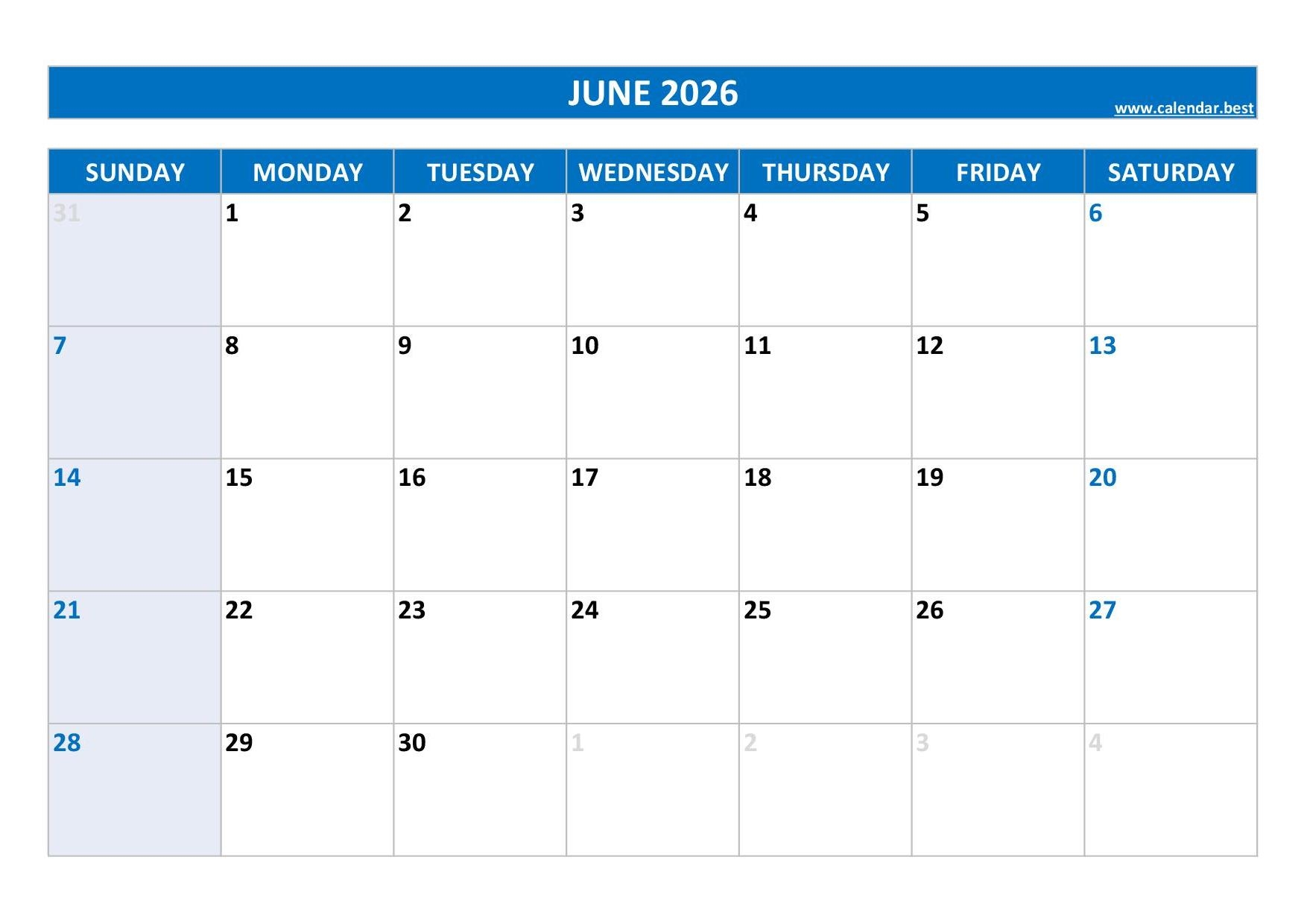 Blank June Calendar 2026 Printable Blank June Calendar 2026 Printable