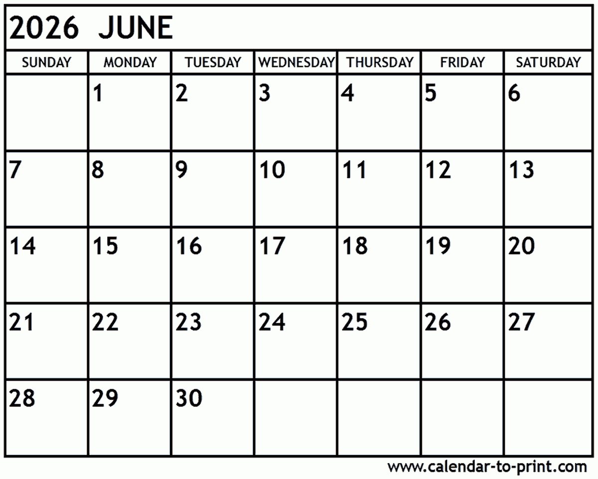 June 2026 Calendar Printable June 2026 Calendar Printable