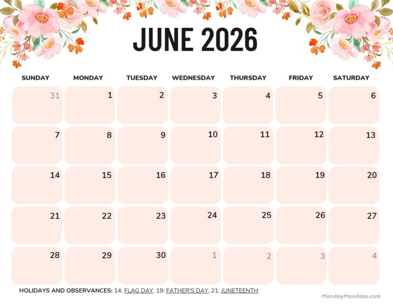 June 2026 Calendars 52 Free PDF Printables 