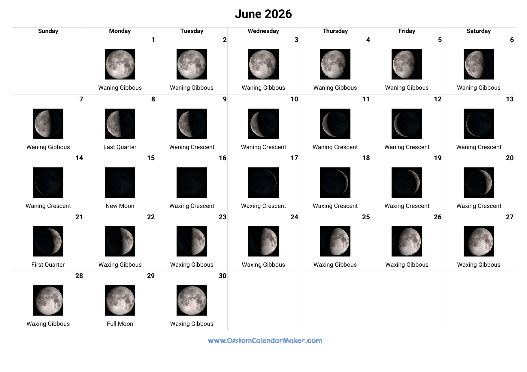 June 2026 Moon Phases Calendar Custom Calendar Maker June 2026 Moon Phases Calendar Custom Calendar Maker