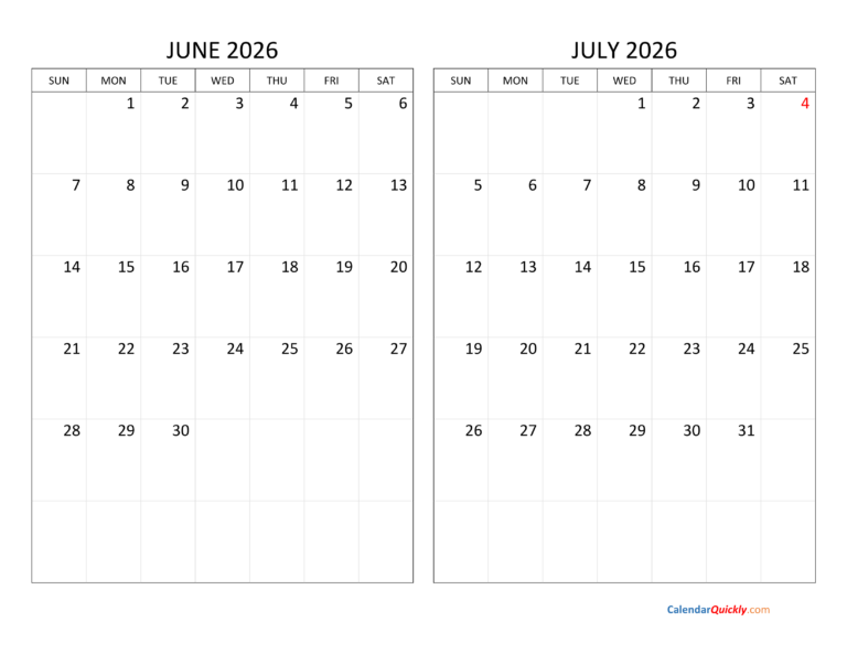 June And July 2026 Calendar Calendar Quickly