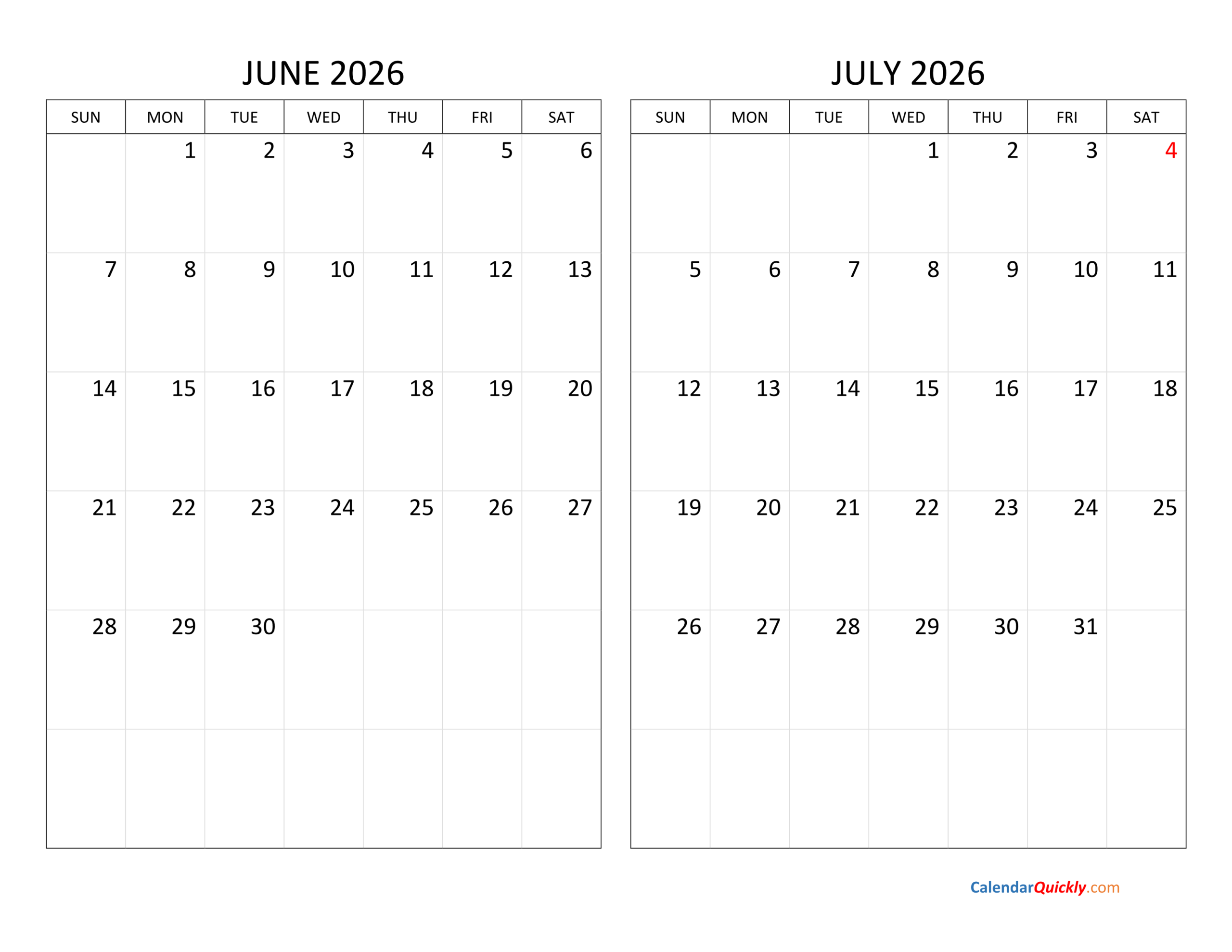 June And July 2026 Calendar Calendar Quickly