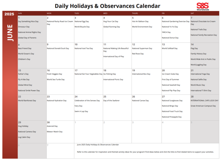 June Daily Holidays Observances Printable Calendar S S Blog