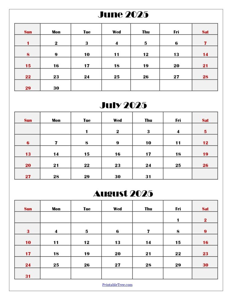June To August 2025 Calendar Printable PDF Three Months Calendar