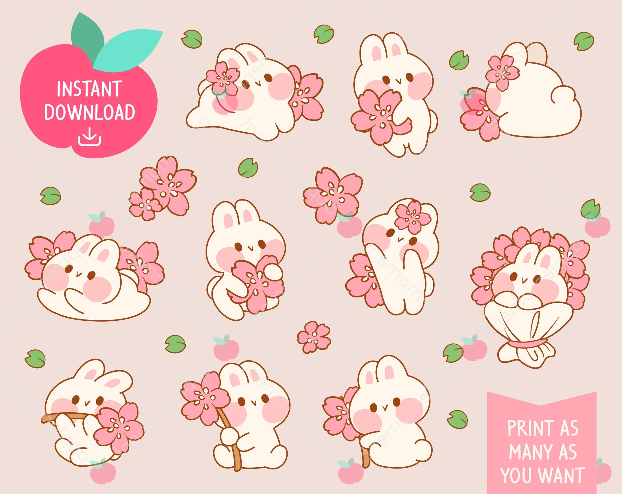 Kawaii Bunny Stickers Rainbow Sakura Clipart PNG Digital Download Etsy