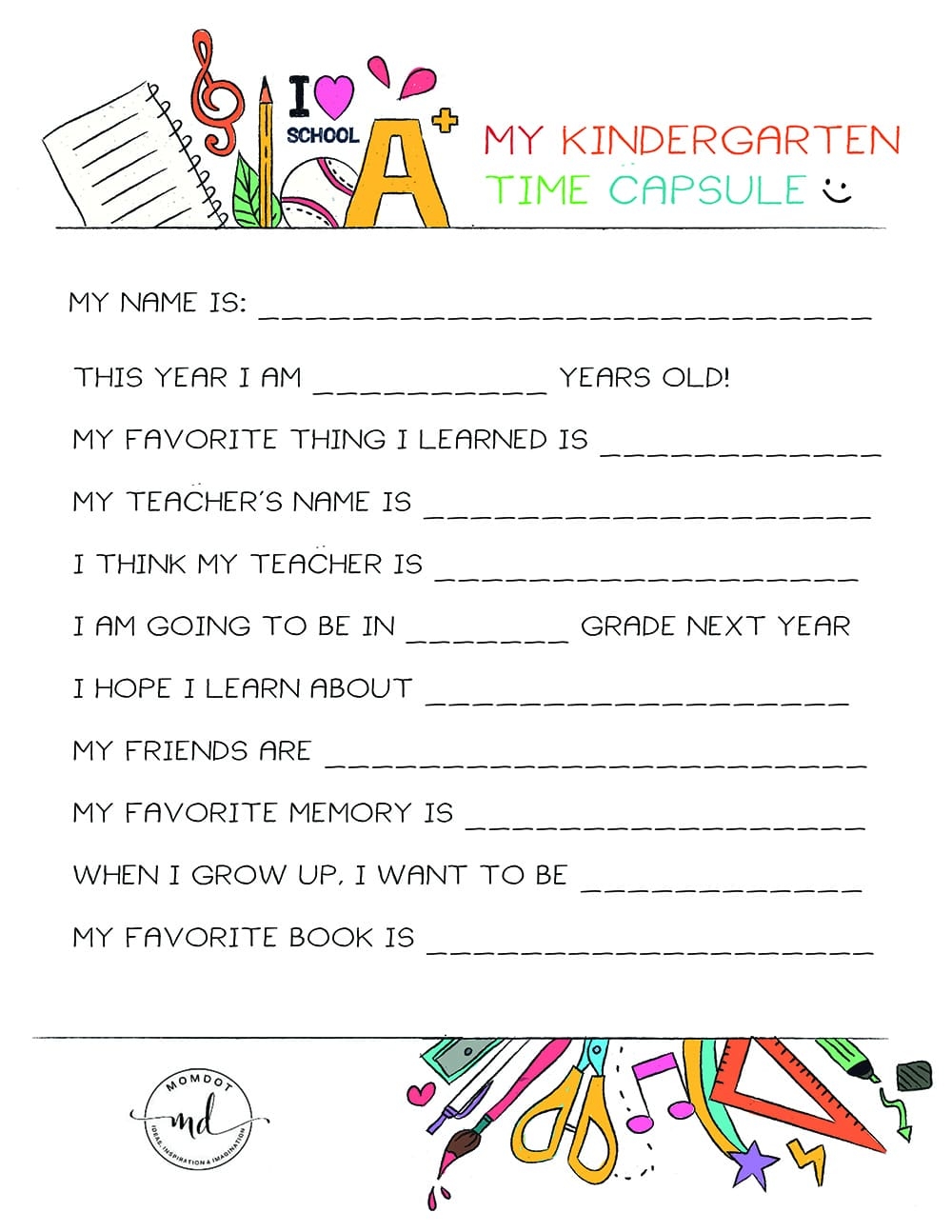 Kindergarten Time Capsule FREE PRINTABLE Momdot