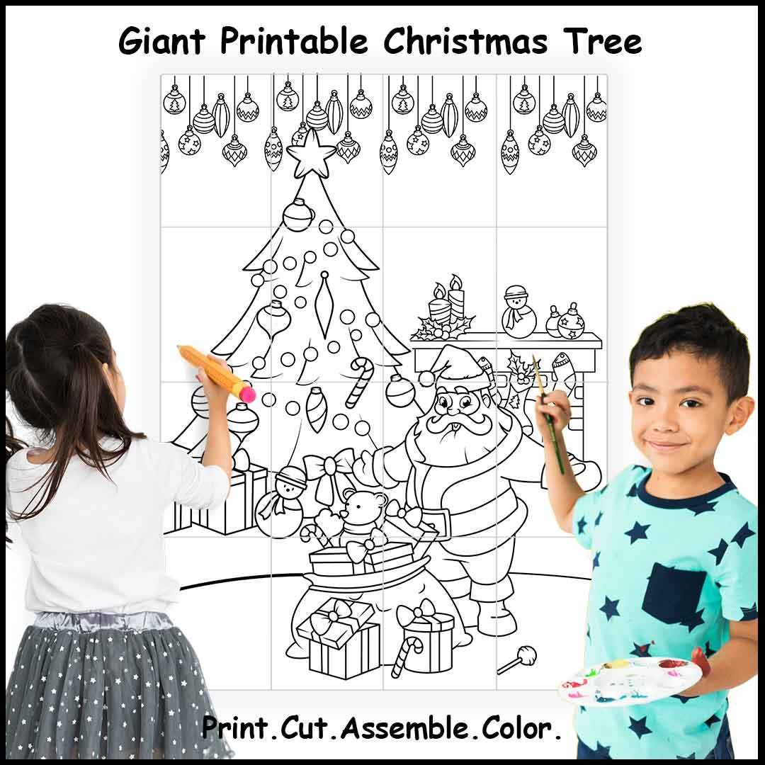 Large Printable Christmas Tree And Santa Claus 4 9 Or 16 Sheets Of Paper Large Printable Christmas Tree And Santa Claus 4 9 Or 16 Sheets Of Paper
