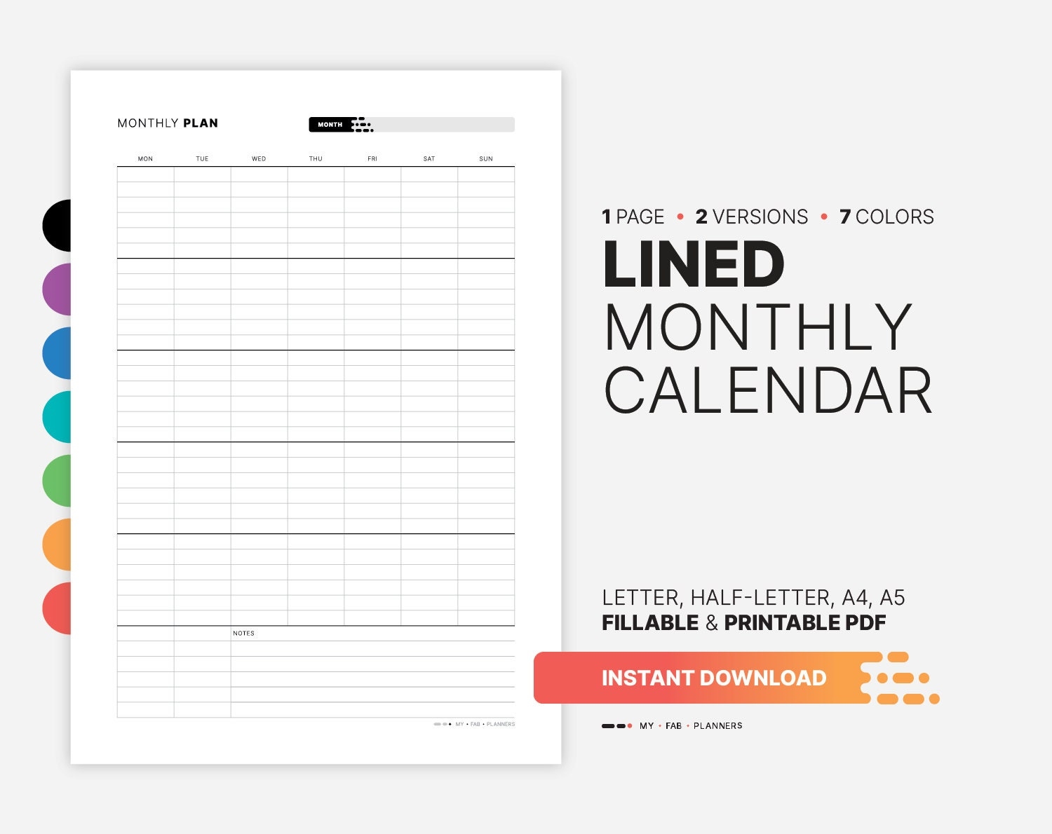 Lined Blank Monthly Calendar Undated Planner Fillable Blocks Organization Month Wall Template Printable 8 5x11 5 5x8 5 A4 A5 PDF Etsy