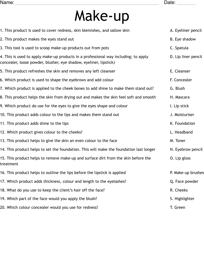 Make up Worksheet WordMint Make up Worksheet WordMint