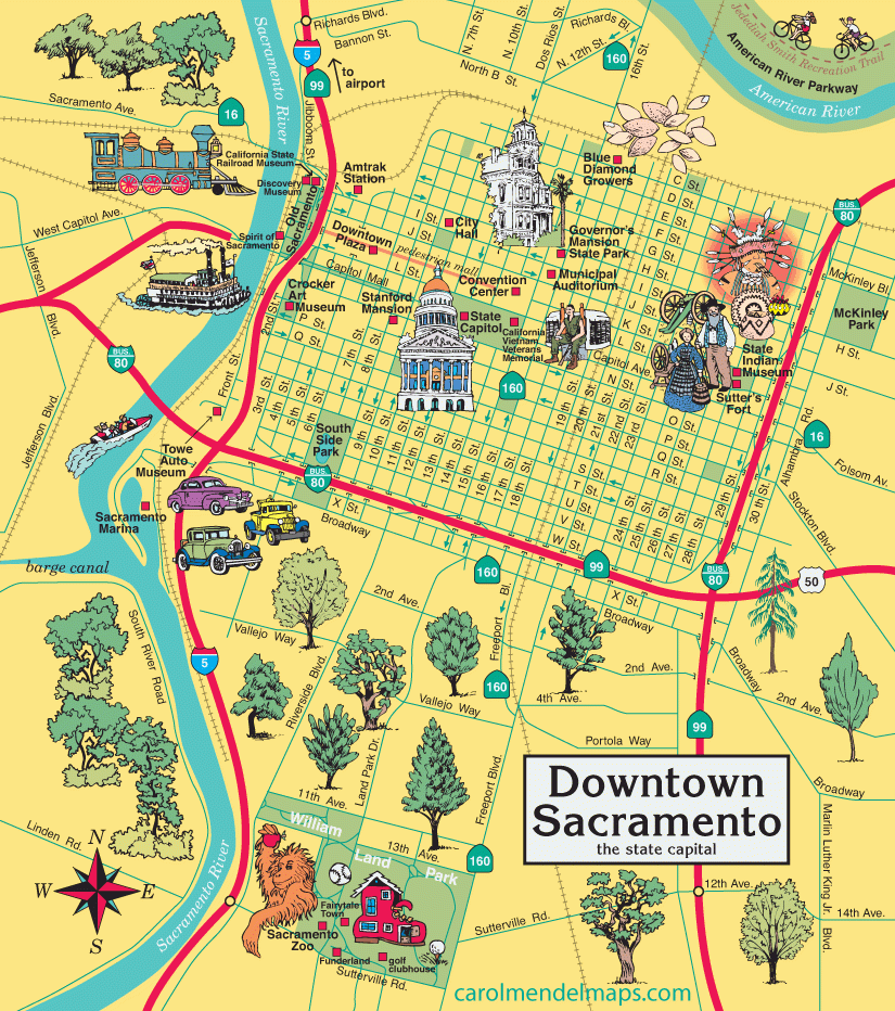 Map Of Downtown Sacramento With Pictorial Illustrations Map Of Downtown Sacramento With Pictorial Illustrations