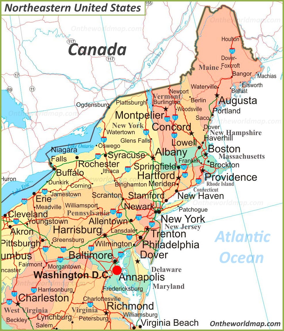 Map Of Northeastern United States Ontheworldmap Map Of Northeastern United States Ontheworldmap
