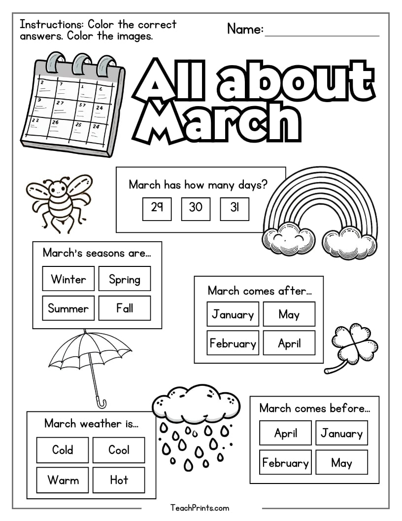 March Worksheets 8 Free PDF Printables Teach Prints