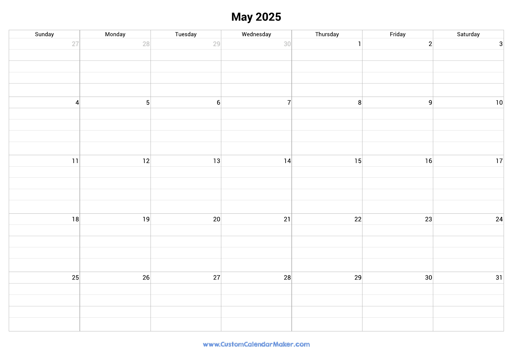 May 2025 Fillable Calendar Grid With Lines Custom Calendar Maker May 2025 Fillable Calendar Grid With Lines Custom Calendar Maker