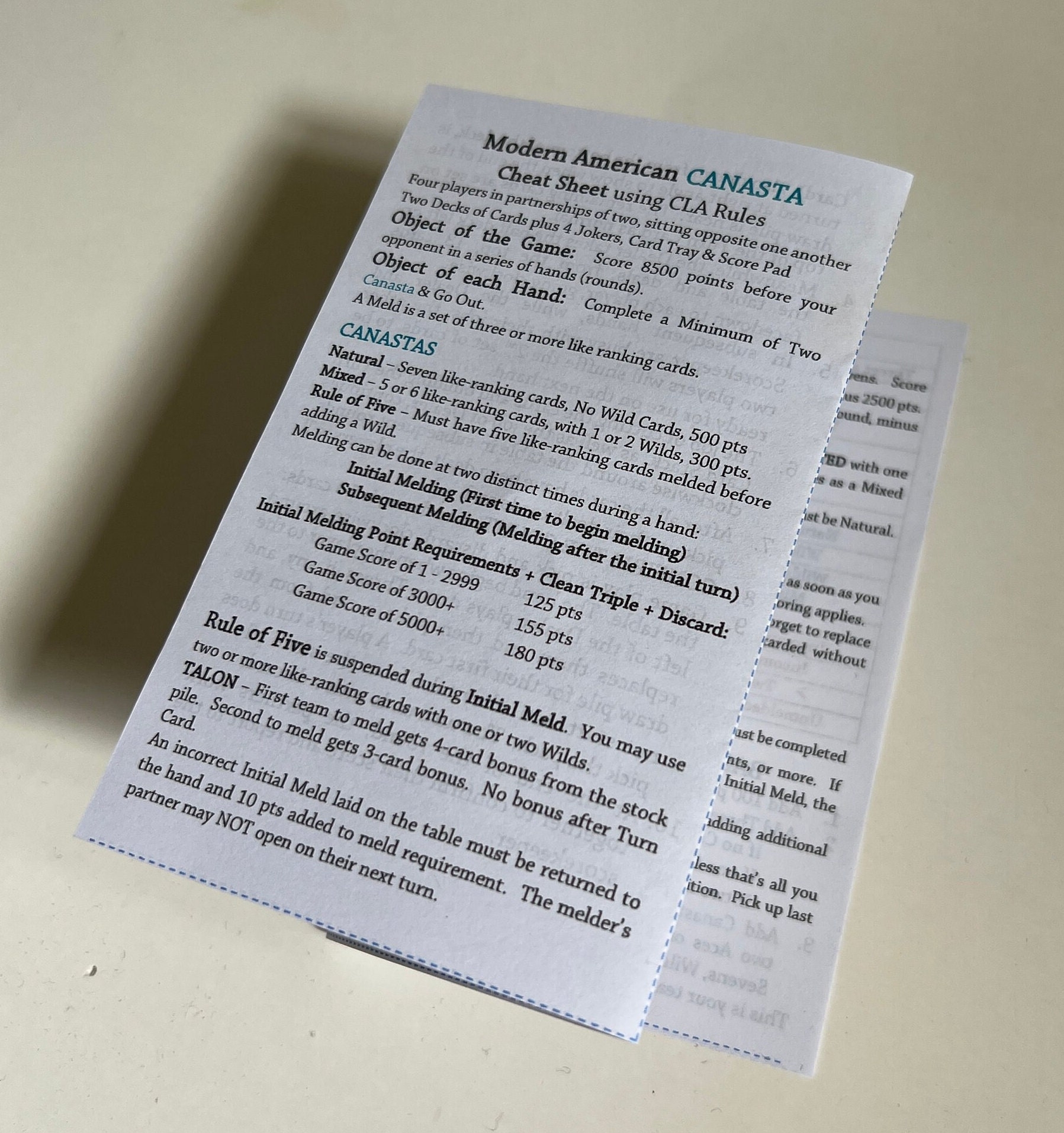 Mini Rules Sheet For Modern American Canasta Downloadable And Ready For Printing Etsy