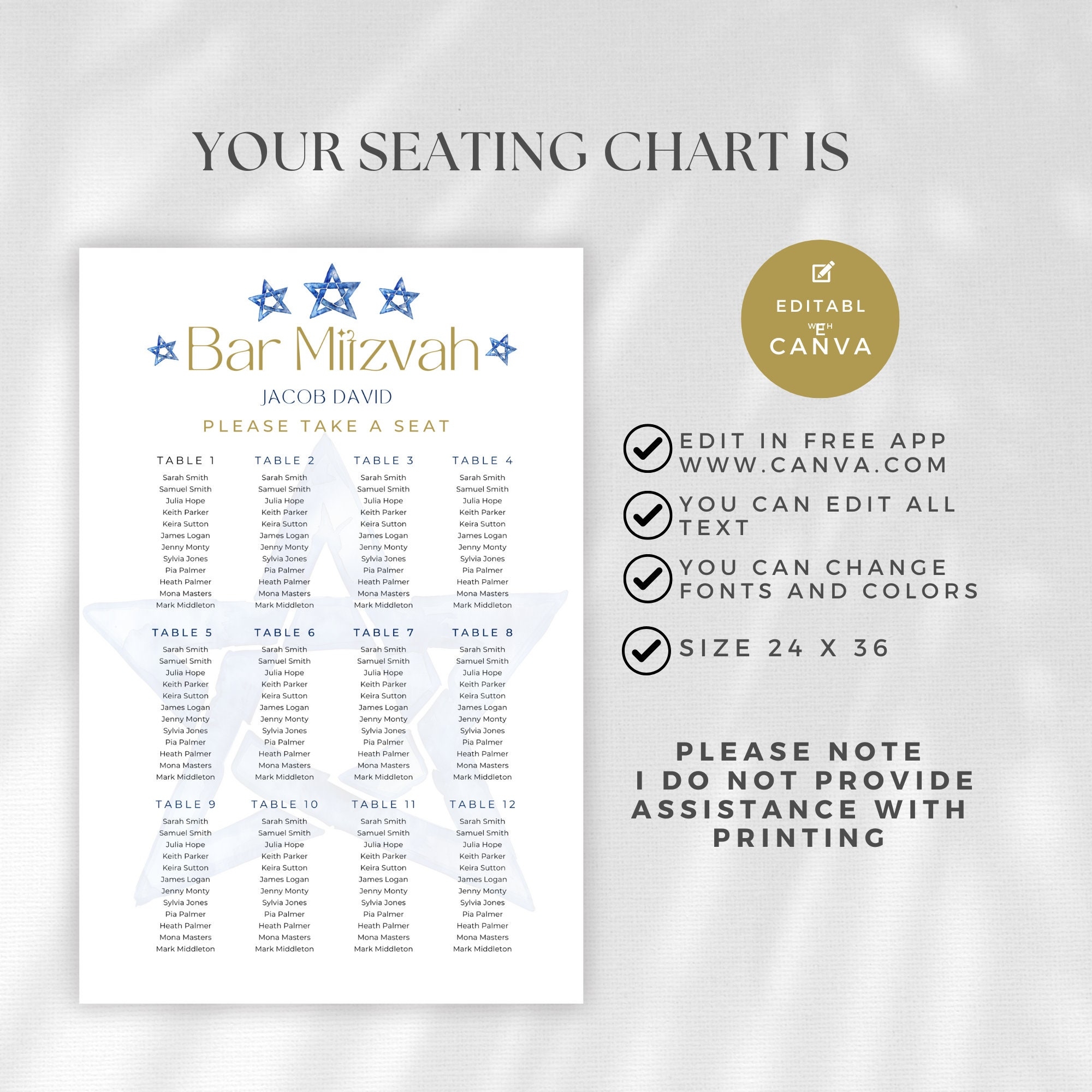 Mitzvah Seating Chart Bar Mitzvah Bat Mitzvah Table Arrangement Find Your Seat Jewish Event Celebration Digtial Download Printable Etsy
